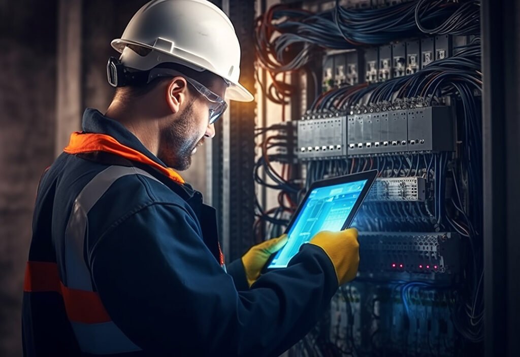 فني كهربائي يقوم بـ كشف أعطال الكابلات بالرياض باستخدام أجهزة الفحص الحديثة